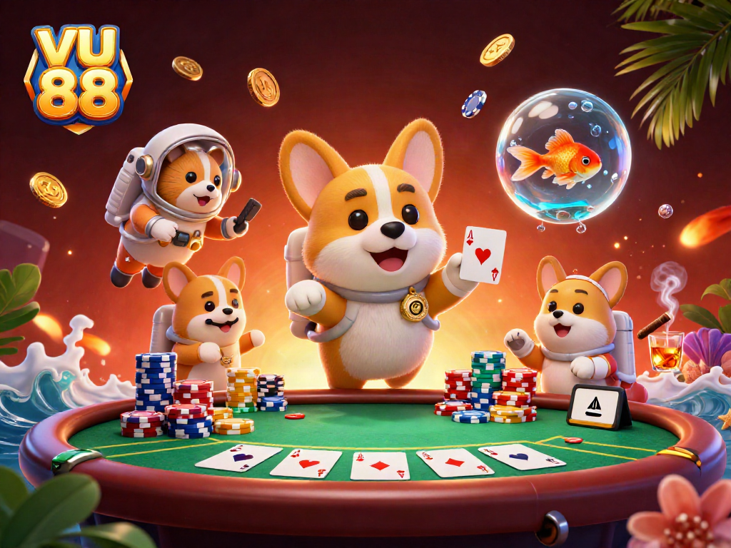 Discover exciting gaming moments with vu 88 as a floating corgi plays poker in a futuristic casino.