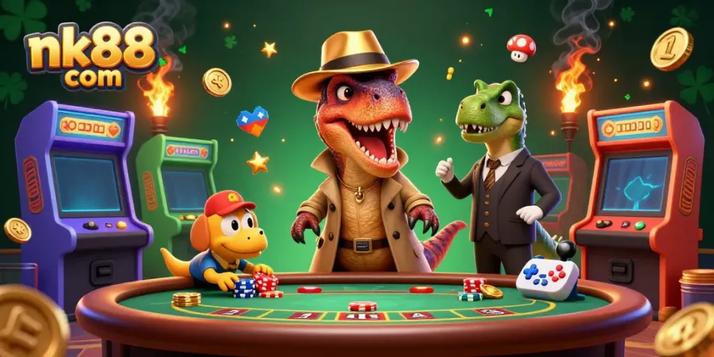 Engage with vibrant gaming at nk88 com, featuring unique cartoon characters in a lively casino scene.