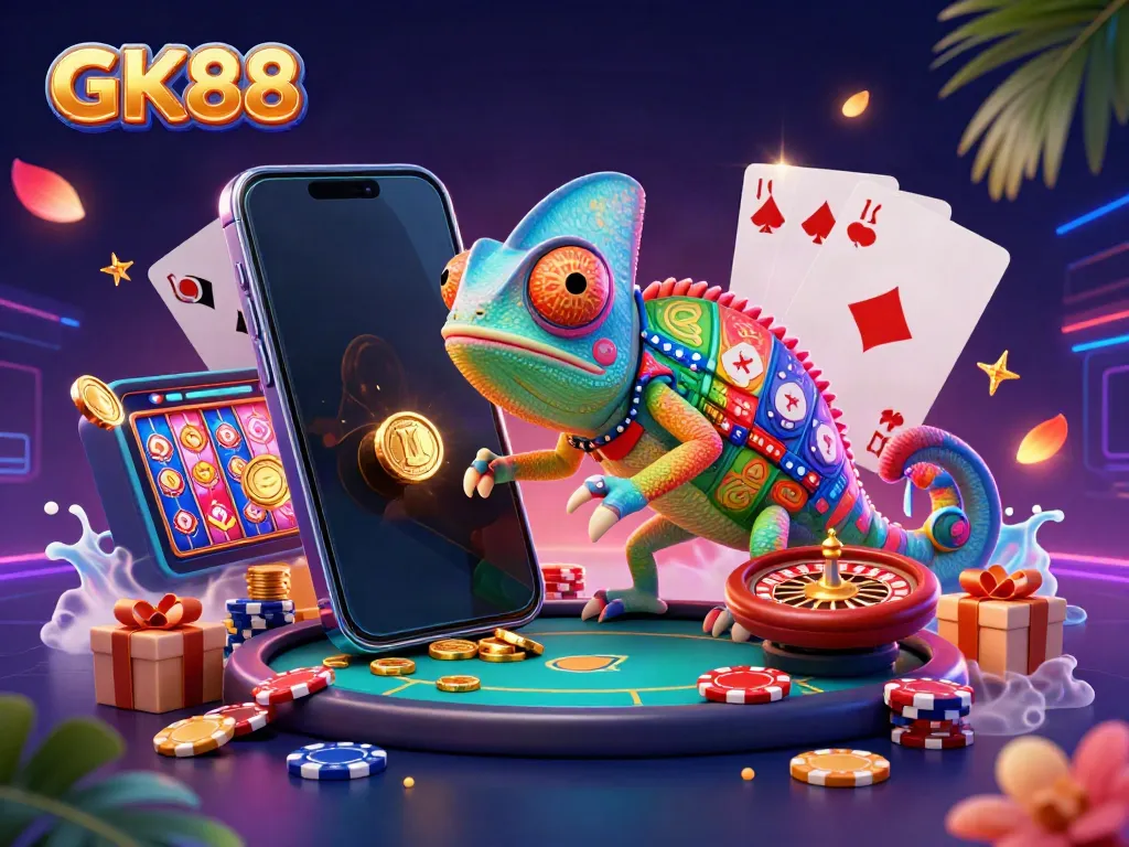 Experience the GK88 casino adventures with colorful slot games and playful elements in a vibrant scene.
