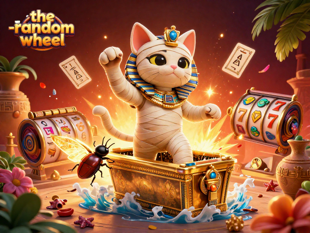 Spin and win with the-random-wheel, featuring a thrilling mummy cat slot adventure in a vibrant casino.