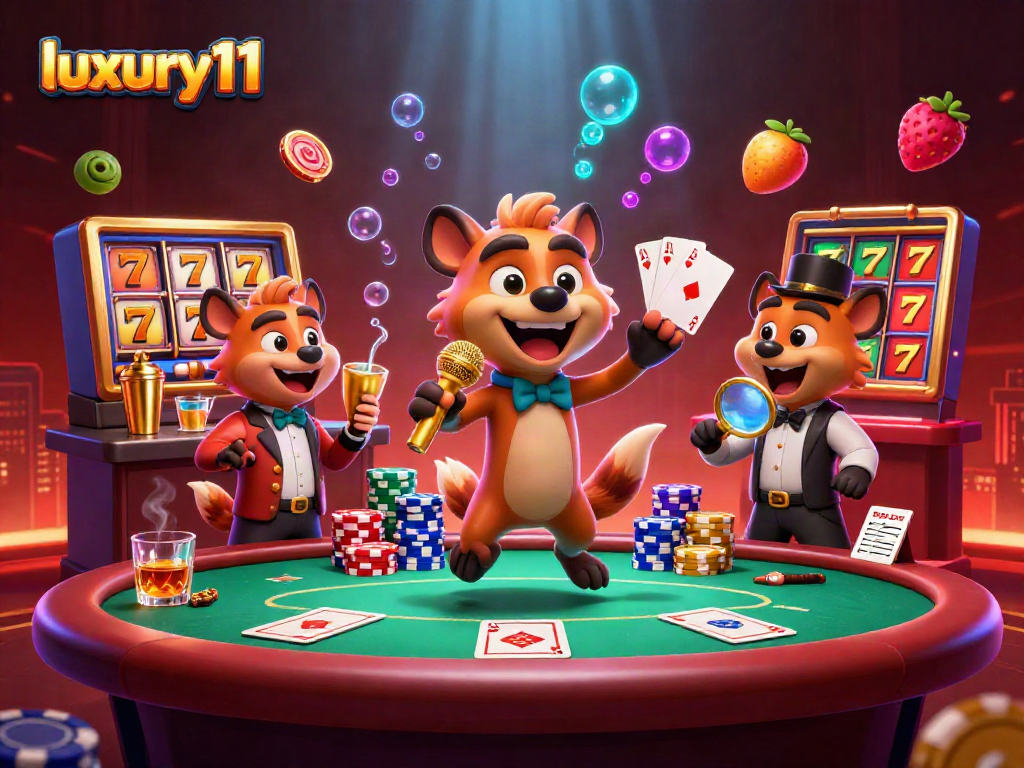 Engage with luxury111 at a lively casino scene with animated hyenas serving drinks and gags.