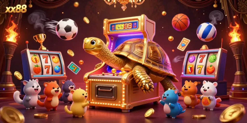 Experience the excitement at xx88 with a dynamic 3D pinball tortoise amidst thrilling casino elements.