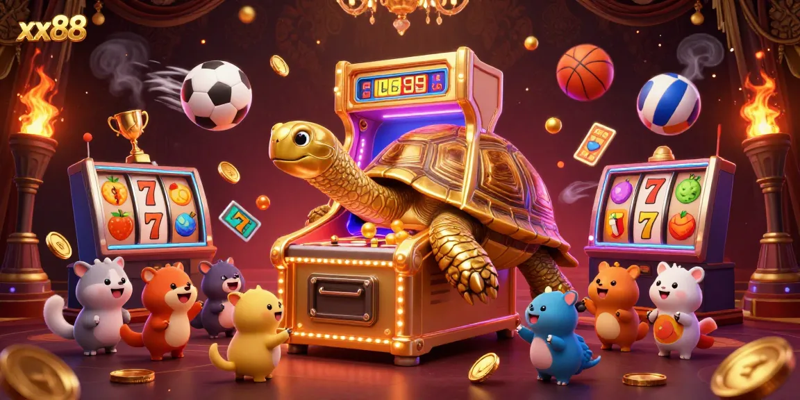 Experience the excitement at xx88 with a dynamic 3D pinball tortoise amidst thrilling casino elements.