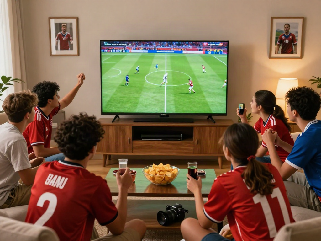 Friends enjoying a live football match on Thapcamtv in a cozy living room.