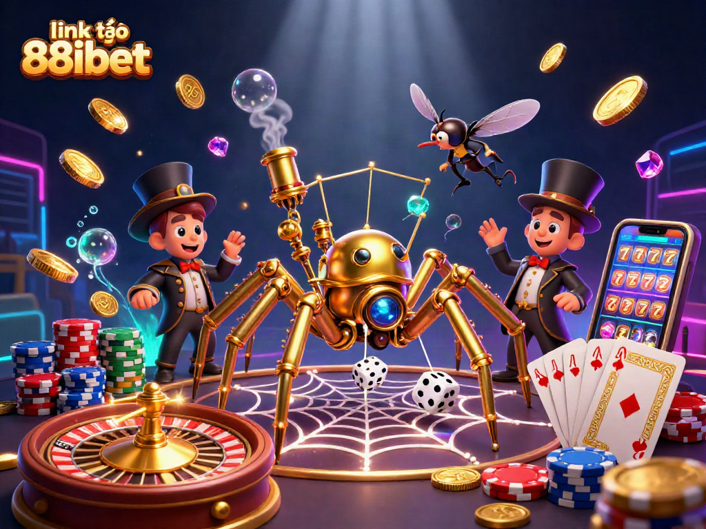 Engage with link vào 88ibet in a captivating steampunk casino scene filled with dynamic gaming elements.