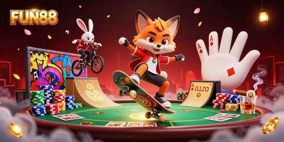 Experience FUN88 with a thrilling scene of a skateboarder fox and BMX rabbit amidst dynamic casino elements.