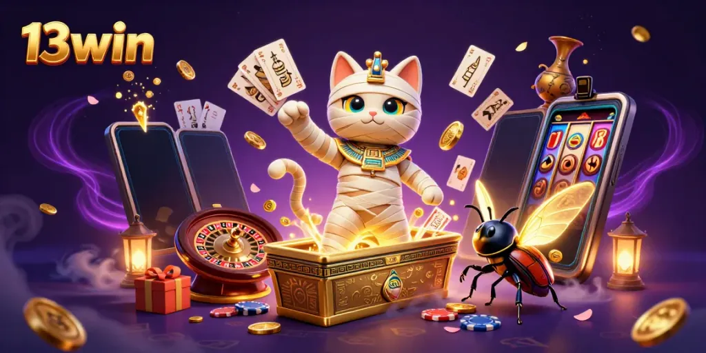 Experience the thrill of 13win with a vibrant 3D scene featuring an Egyptian mummy cat and a scarab beetle in a casino atmosphere.