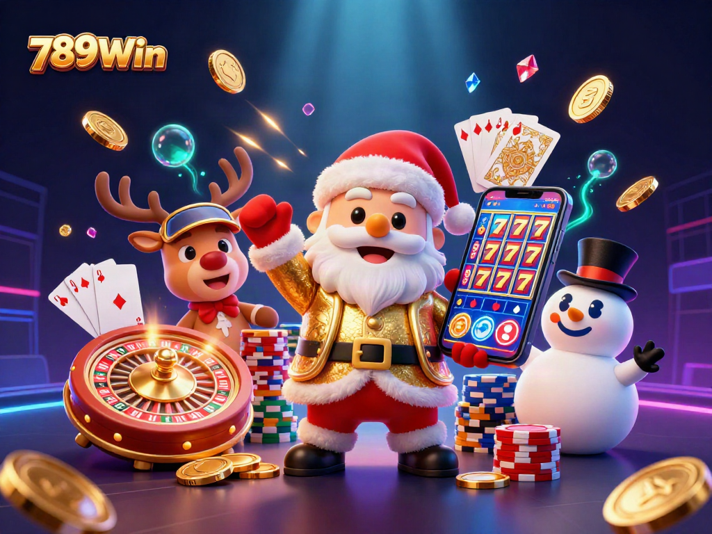 Win big with 789Win in this festive 3D casino illustration showcasing jackpot slots!