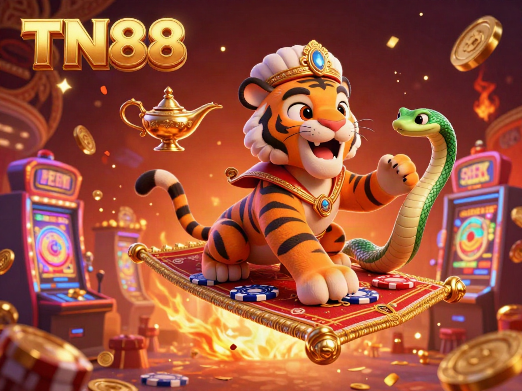 Engage with TN88's vibrant casino adventure featuring a tiger sultan on a poker chip carpet.