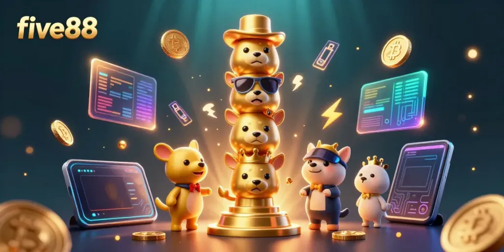 Experience the vibrant energy of five88, featuring a golden totem and crypto elements illustrating dynamic gambling.