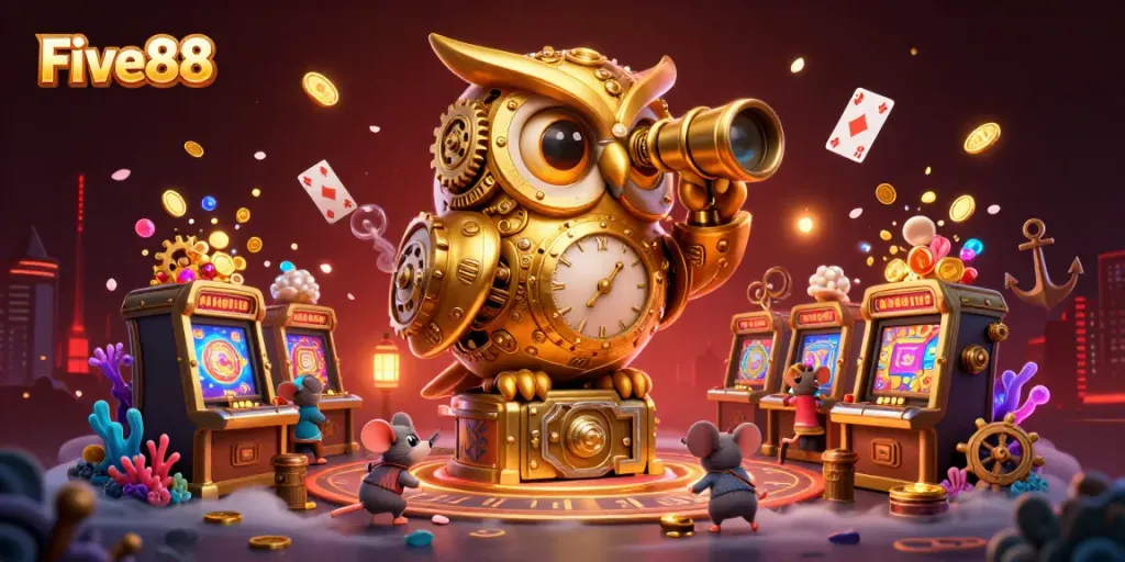 Experience the excitement of Five88 with a dynamic scene featuring a clockwork owl overlooking a vibrant casino floor.