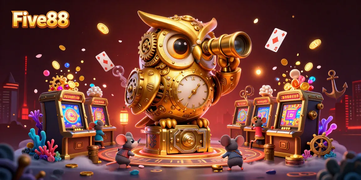 Experience the excitement of Five88 with a dynamic scene featuring a clockwork owl overlooking a vibrant casino floor.