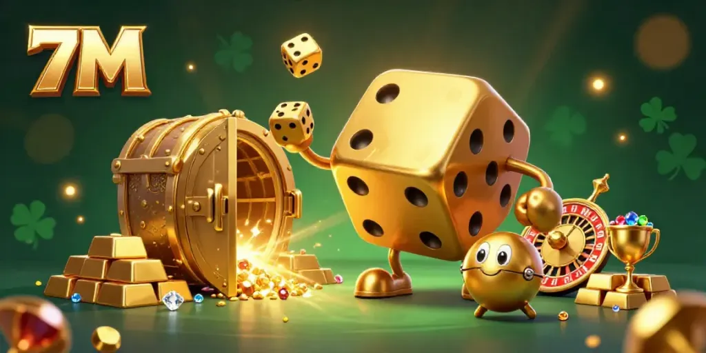 Experience intense gaming with 7M's vibrant golden dice golem and inviting treasure elements.