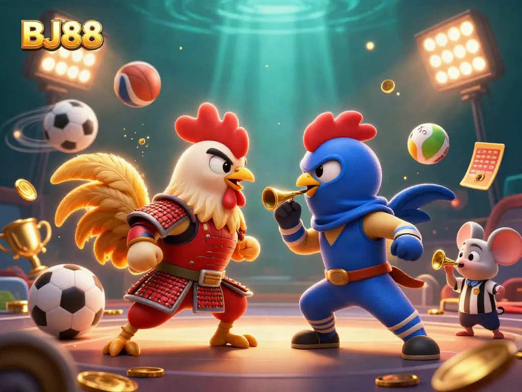 Engage in thrilling sports action with BJ88's dynamic rooster showdown, featuring samurai and ninja.