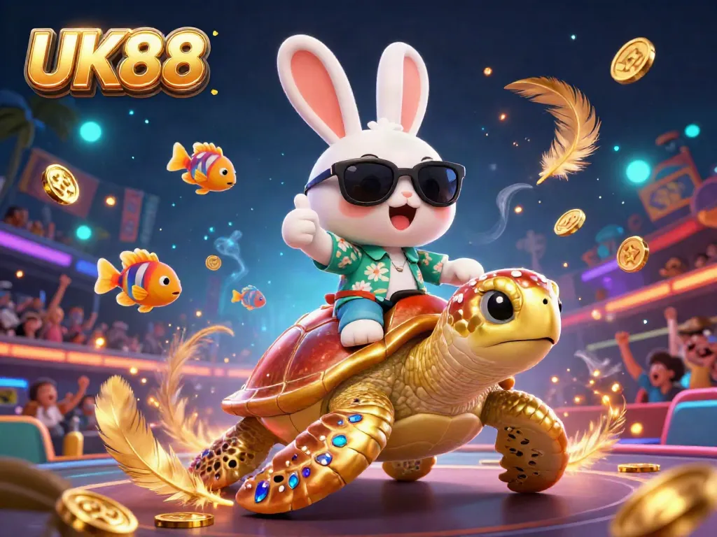 Experience UK88's thrilling betting world with a lucky rabbit and golden sea turtle in a vibrant casino illustration.