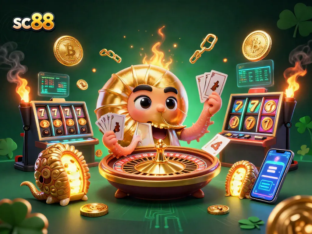 Spin the roulette with sc88's golden nautilus holding cards amidst vibrant casino elements.