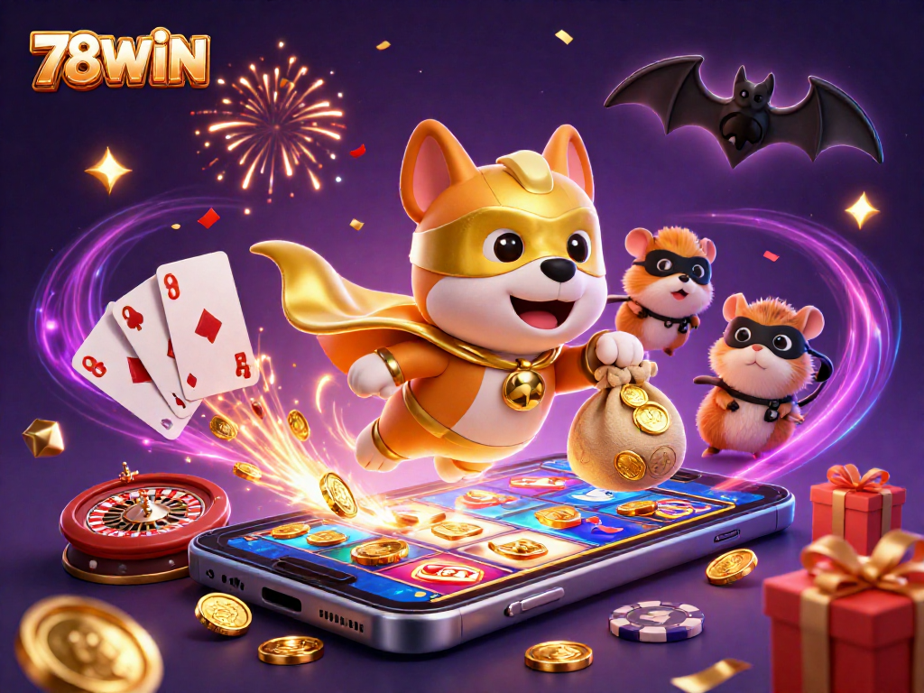 Experience thrilling gameplay with 78WIN's captivating casino scene featuring a superhero dog and gaming elements.