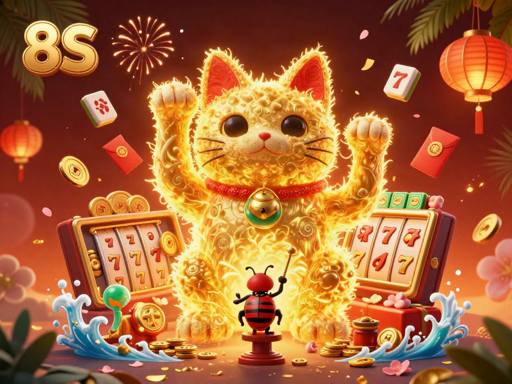 Engage with 8S through a dynamic golden lucky cat illustration, showcasing vibrant casino symbols.