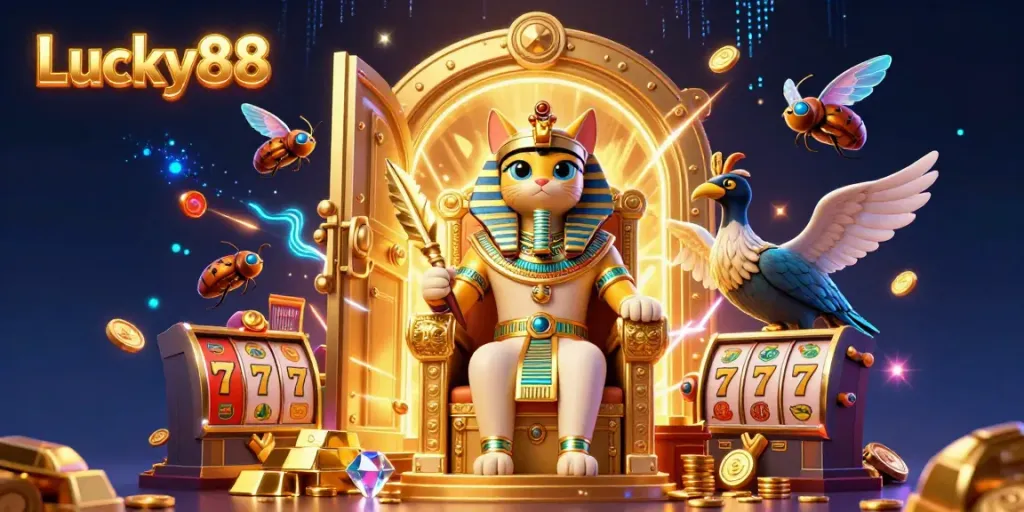 Experience exciting payouts with Lucky88 as the pharaoh cat and companions celebrate wealth in a vibrant casino scene.