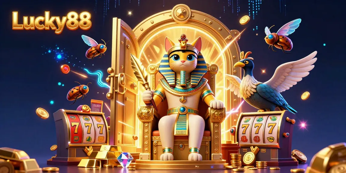 Experience exciting payouts with Lucky88 as the pharaoh cat and companions celebrate wealth in a vibrant casino scene.