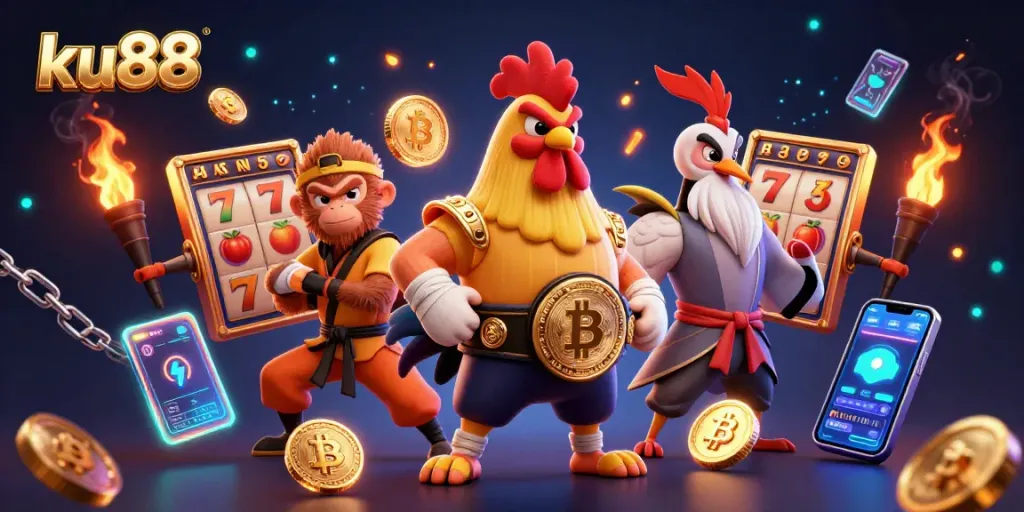 ku88 engages players with vibrant 3D casino characters amid dynamic slot symbols and crypto coins.