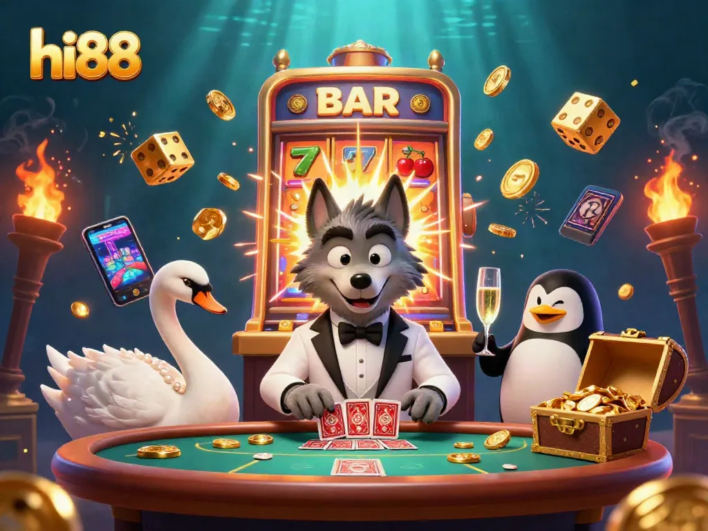 Engage with hi88 casino excitement featuring a debonair wolf, elegant swan, and penguin sommelier.
