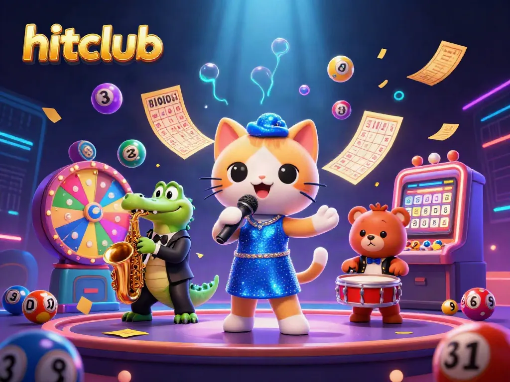Experience the excitement at hitclub with vibrant casino characters and dynamic gaming elements in a dazzling setting