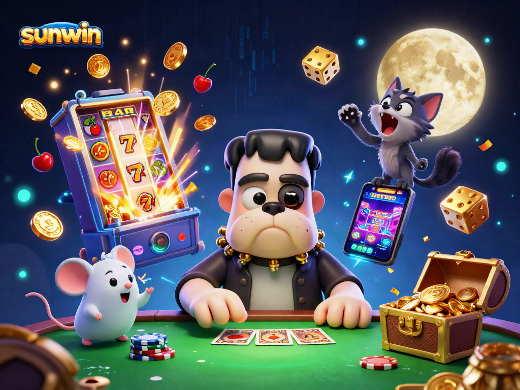 Join the fun at sunwin as the Frankenstein bulldog deals cards in a vibrant casino scene.