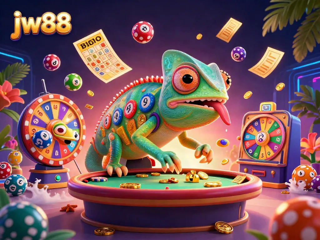 Experience the excitement of jw88 with a vibrant casino scene featuring dynamic game elements and a colorful chameleon character.