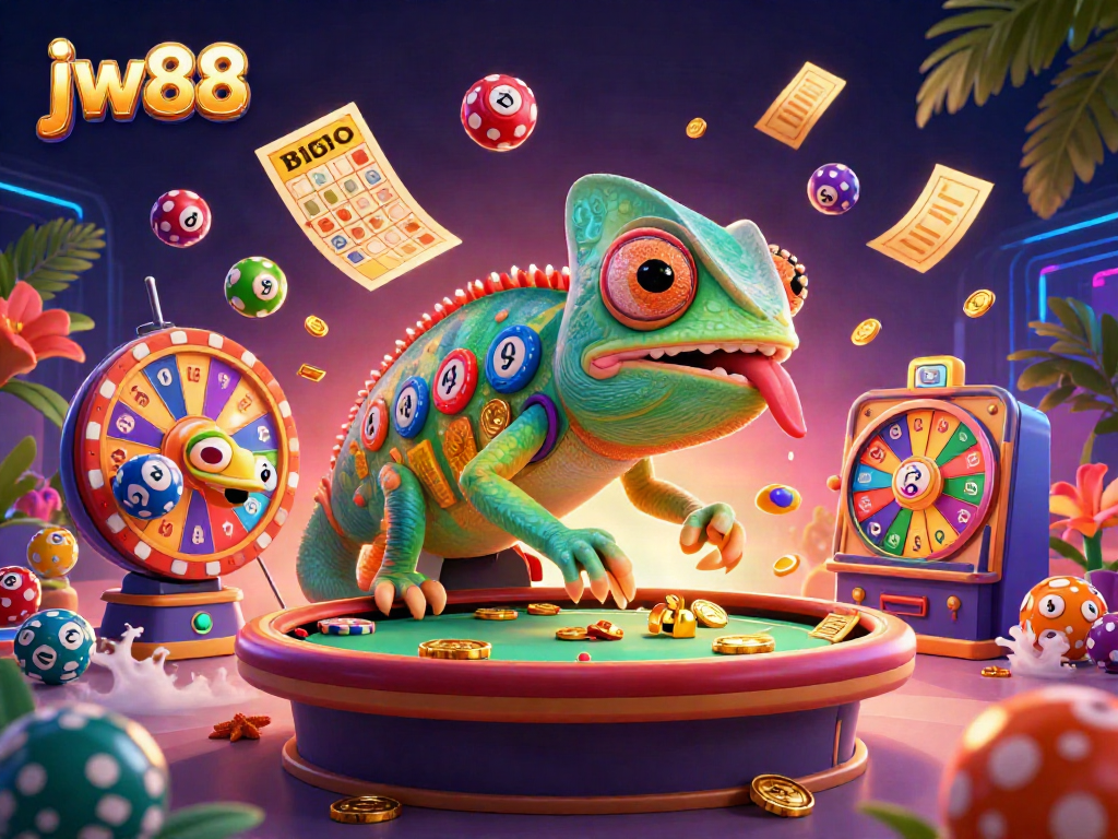 Experience the excitement of jw88 with a vibrant casino scene featuring dynamic game elements and a colorful chameleon character.