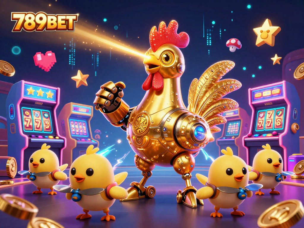 Experience thrilling gameplay with 789BET as golden rooster robot leads baby chick drones through dynamic casino fun.