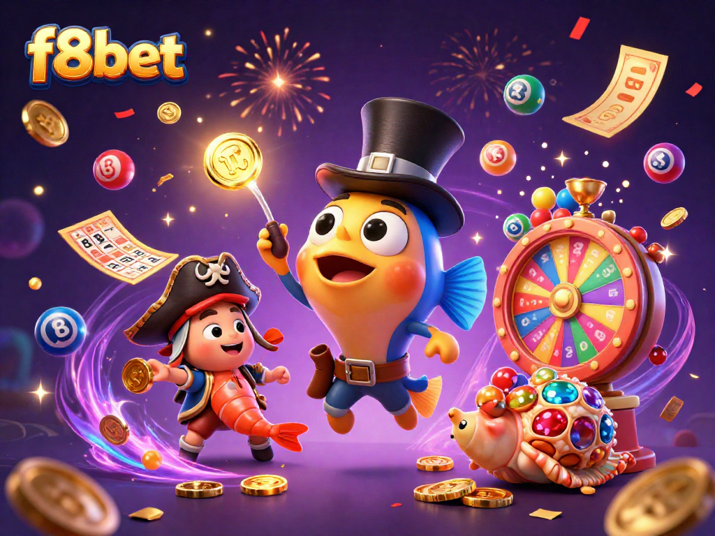 Win big with f8bet in this vibrant, dynamic casino-themed scene featuring exciting lottery elements.