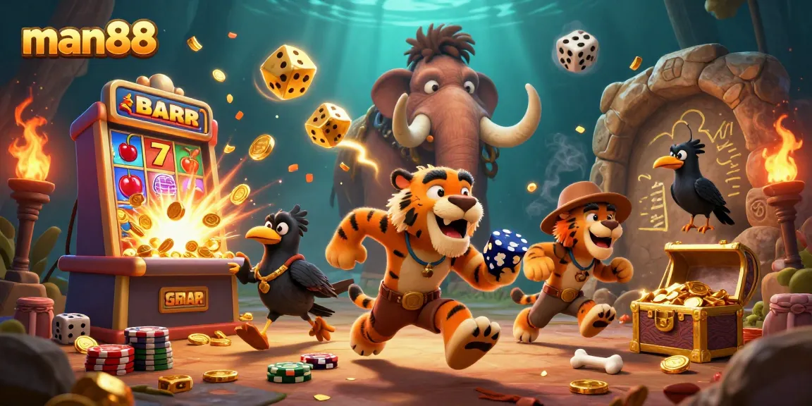 Experience the exciting atmosphere of man88 with a vivid 3D casino scene featuring vibrant characters and dynamic game elements.