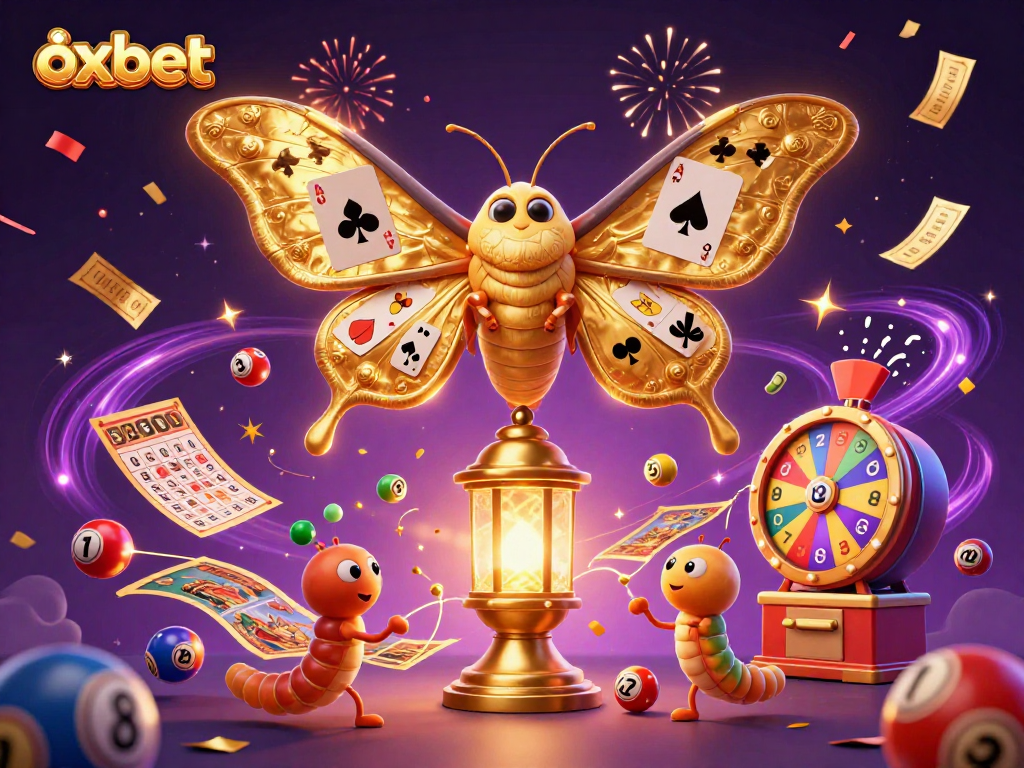 Experience the thrill of oxbet with vibrant lottery balls and dynamic casino scenes in a lively 3D illustration.