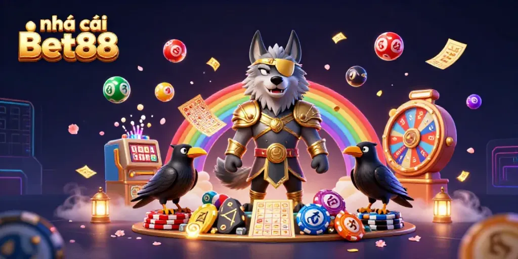 Engage with Nhà cái Bet88 through an exciting 3D casino-themed illustration showcasing dynamic gaming elements.