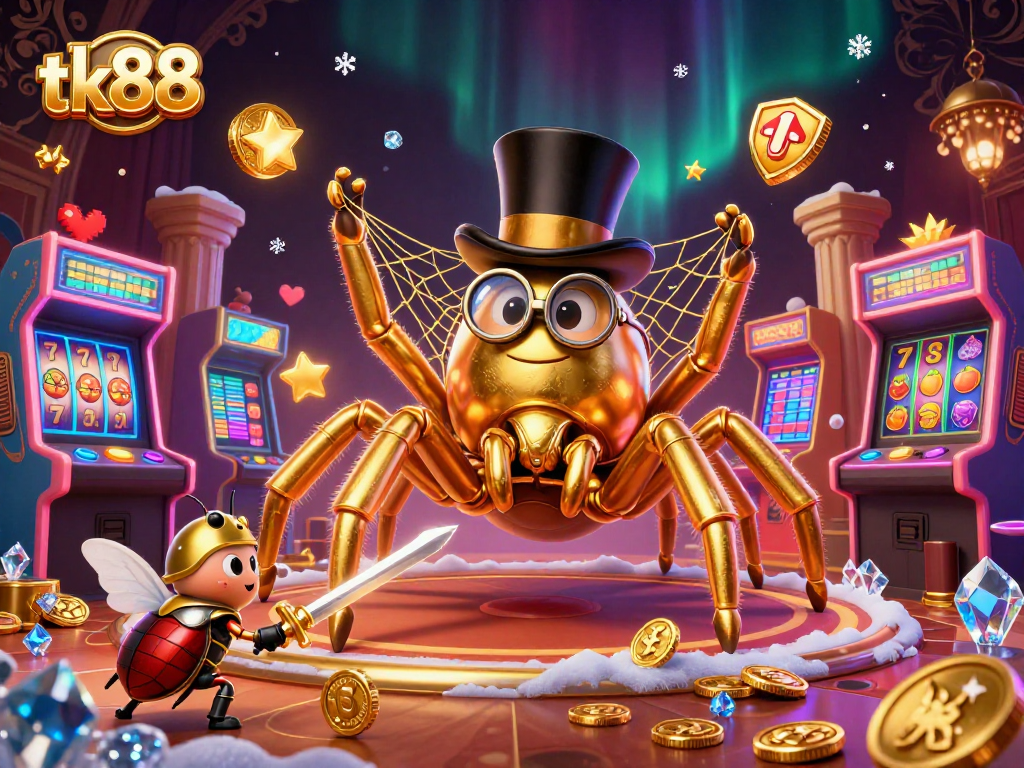 tk88 showcases a golden tarantula and beetle knight battling in an animated casino.