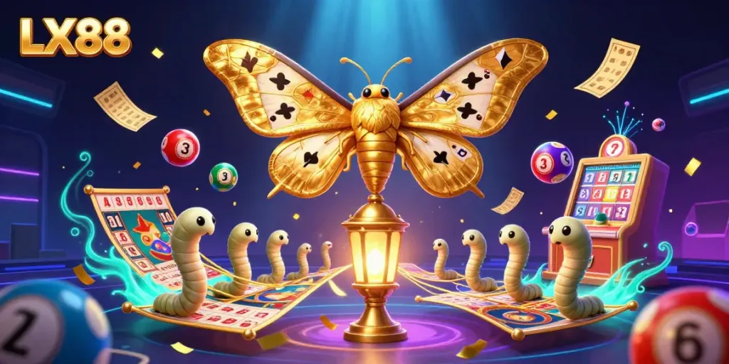 Experience the vibrant world of LX88 with a stunning illustration showcasing golden-winged moths and dynamic casino elements.