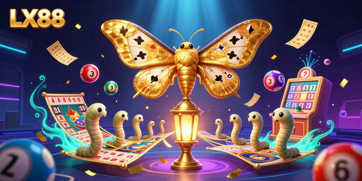 Experience the vibrant world of LX88 with a stunning illustration showcasing golden-winged moths and dynamic casino elements.