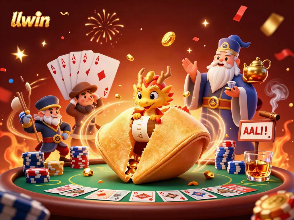 Experience thrilling gaming at llwin with this vibrant 3D illustration showcasing poker elements and a wise dragon.