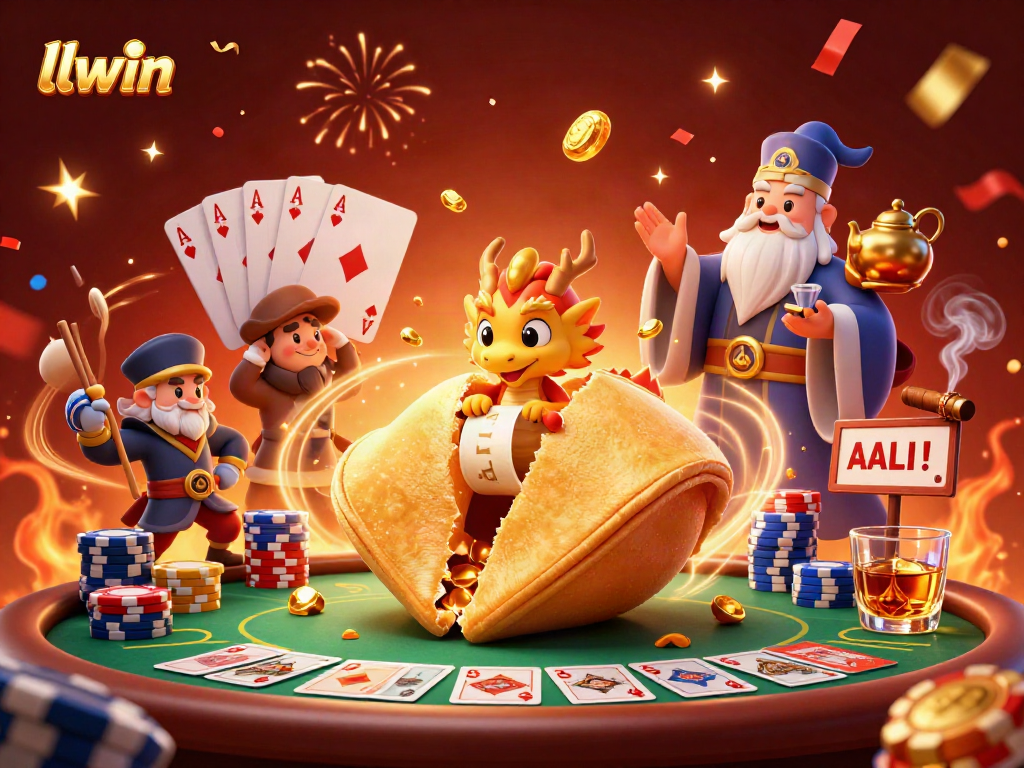 Experience thrilling gaming at llwin with this vibrant 3D illustration showcasing poker elements and a wise dragon.