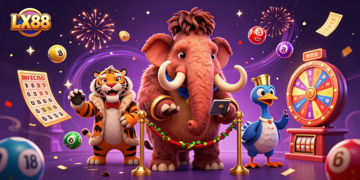 Experience excitement with LX88 at a vibrant casino scene featuring playful characters and dynamic game elements.