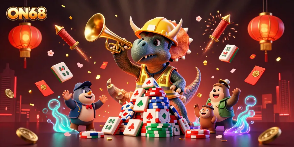 Experience excitement at ON68 with a vibrant scene celebrating gambling wins amidst 3D cartoon characters.