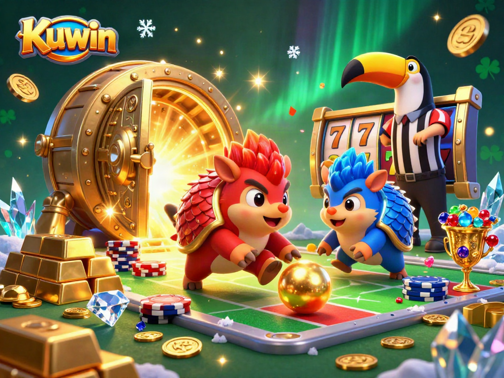 Kuwin pangolins engage in vibrant slots action with poker chips and golden treasures.