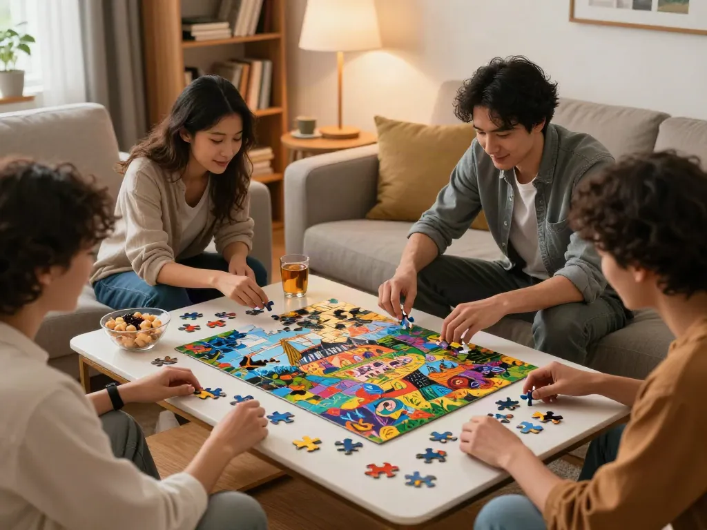 Friends enjoying a puzzle night at home, engaging with puzzlenoir.net's intricate designs.