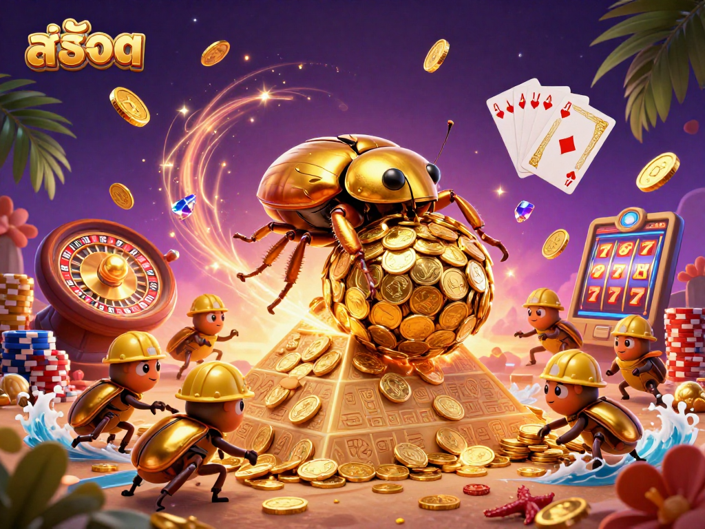 Experience the thrill ofสล็อต gaming with a dynamic illustration of a golden beetle and casino elements.
