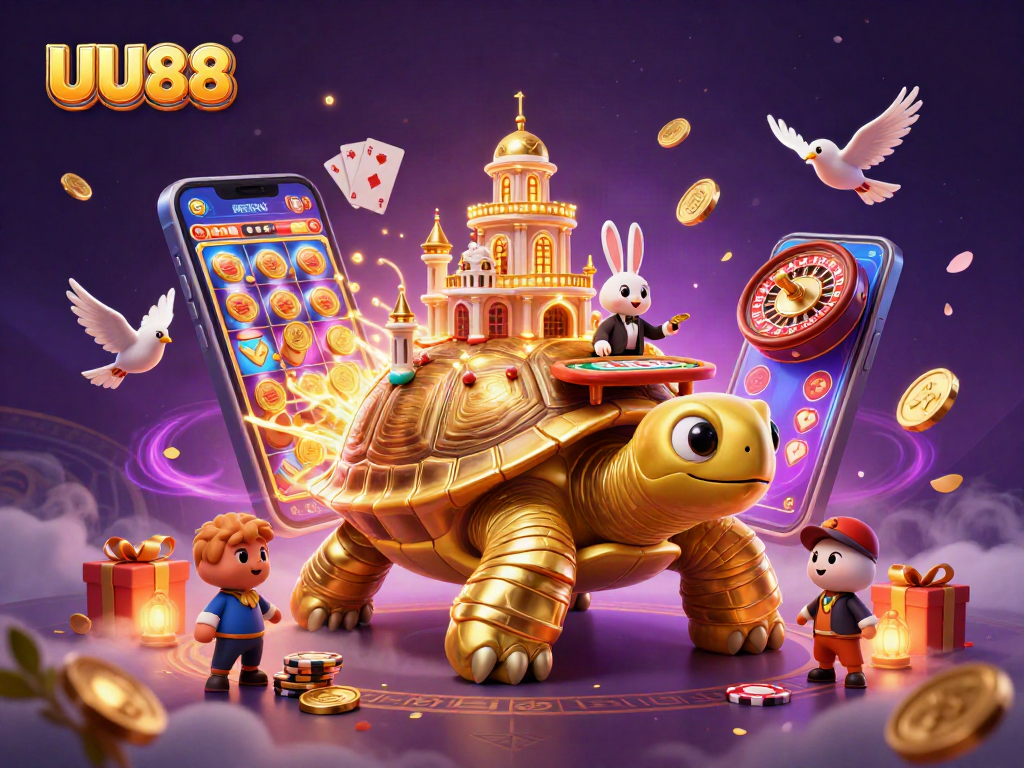 Enjoy thrilling gaming at UU88 with a vibrant casino scene featuring a golden tortoise and dynamic action.