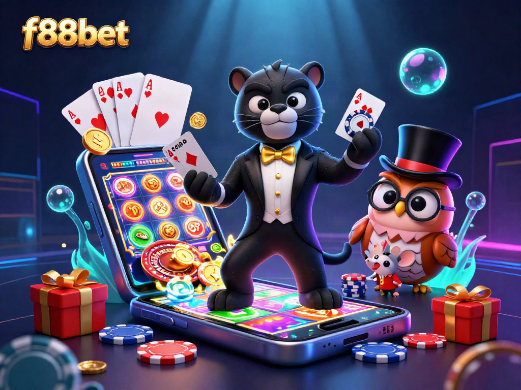 Experience the thrilling games at f88bet with a stylish panther dealer, owl chip-holder, and mouse!