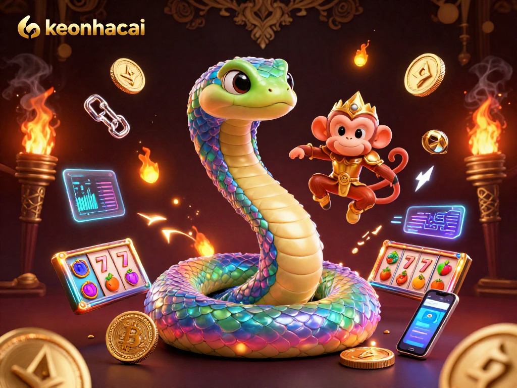 Engage with keonhacai through a vibrant depiction of casino elements in a dynamic 3D illustration.