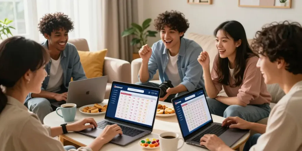 Dewatogel friends enjoying an online lottery game together in a cozy living room.