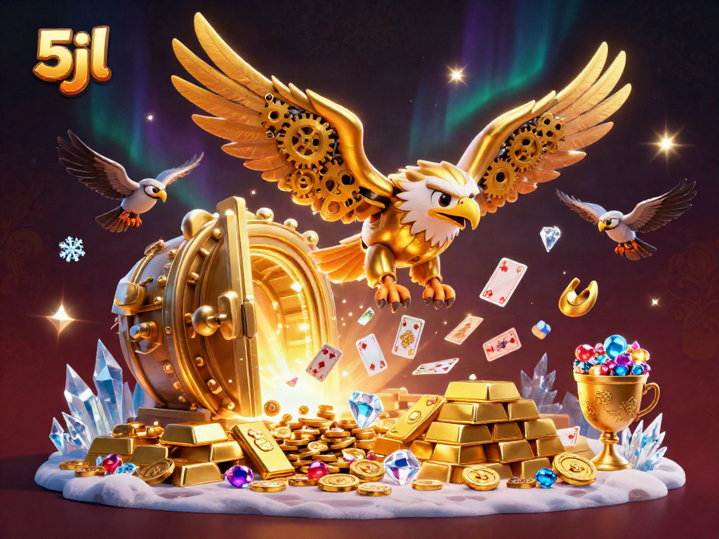 Engage with thrilling 5jl gaming excitement with a golden eagle amidst rich treasure and holographic cards.
